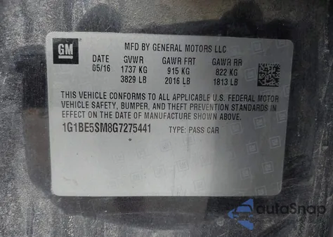 2016 Chevrolet Cruze Lt Auto z USA, uszkodzony, nr VIN 1G1BE5SM8G7275441